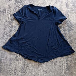 AnyBody Womens Short Sleeve Loose Fit Split Neck Tunic Top Blue Size XS